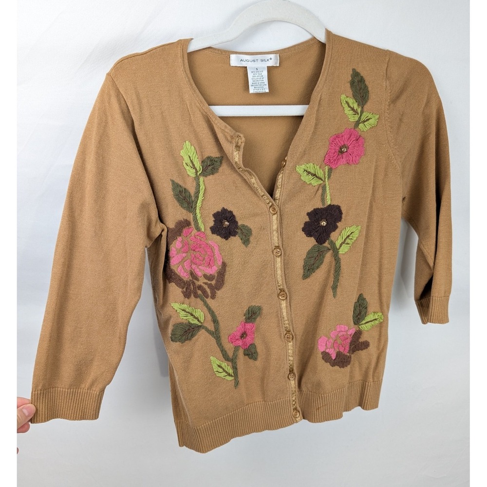 Vintage 90s Floral 3D Embroidered Silk Button Cardigan Size S Brown Fairy Boho